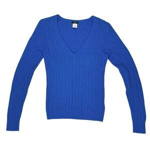 J. Crew Sweater Womens M Blue Cable Knit V Neck Wool Cashmere Preppy Winter Wear
